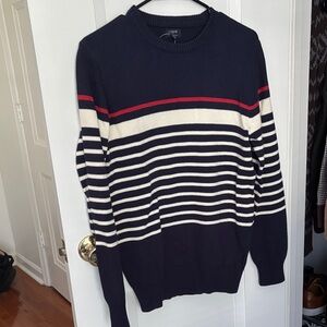 J. Crew Men's Sweater in Navy with Cream and Red Stripes